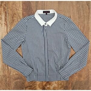 Playboy Brand Gingham Button Down Shirt Women XS White Blue Checkered Pleats Top